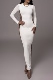 White Casual Patchwork Contrast O Neck Long Sleeve Dresses
