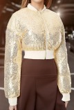 Yellow Casual Patchwork Sequins O Neck Outerwear