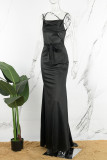 ブラック セクシー カジュアル ソリッド 小帯 バックレス スパゲッティ ストラップ ロング ドレス ドレス
