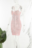 Pink Celebrities Elegant Hot Drilling Patchwork Beading Mesh Spaghetti Strap Wrapped Skirt Dresses