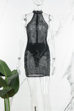 Vestido preto sexy patchwork com perfuração quente transparente com decote em O sem mangas (com calcinha)