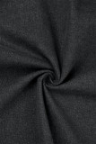 Zwart casual effen patchwork vest met kraag en lange mouwen, normaal denim jack