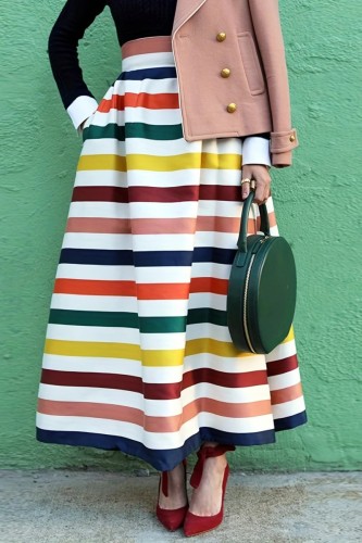 Rainbow Color Casual Striped Print Basic Plus Size Skirt