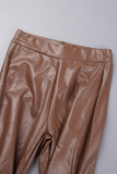 Bordeauxrode casual effen skinny broek met hoge taille en vouw. Conventionele effen kleur broek