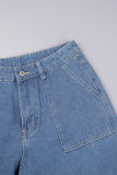 Синие повседневные прямые джинсовые джинсы с высокой талией и высокой талией в стиле пэчворк