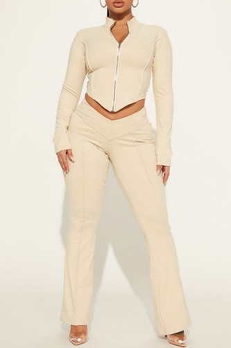 Apricot Casual Solid Asymmetrical Zipper Collar Long Sleeve Two Pieces