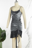 ダークグレーのセクシーなソリッドパッチワークドローストリングスパゲッティストラップラップスカートドレス