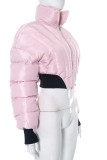 Розовая повседневная однотонная лоскутная верхняя одежда с воротником-стойкой