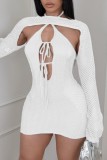 White Sexy Solid Hollowed Out Frenulum See-through O Neck Long Sleeve Two Pieces