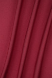 バーガンディ カジュアル ソリッド パッチワーク バックレス 高開口部 ワンショルダー ロングドレス ドレス
