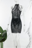 Vestido preto sexy patchwork com perfuração quente transparente com decote em O sem mangas (com calcinha)