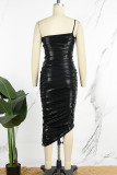 ブラック セクシー ソリッド バックレス フォールド スパゲッティ ストラップ ラップ スカート ドレス