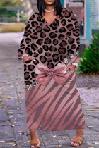 Deep Pink Casual Print Patchwork V-hals långärmade klänningar