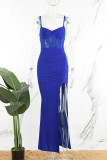Azul sexy formal sólido sem costas fenda espaguete cinta vestidos de noite