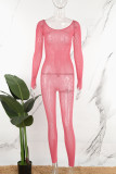 Rose Red Casual Print Lace Patchwork O Neck Skinny Jumpsuits