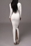 White Casual Patchwork Contrast O Neck Long Sleeve Dresses