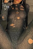 Macacões magros de gola alta frenulum cinza casual sólido rasgado