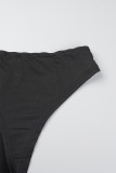 Robe noire sexy en patchwork, perçage à chaud, transparente, col rond, sans manches (avec culotte)