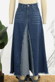 Темно-синие повседневные джинсовые юбки обычного цвета с высокой талией в стиле пэчворк и контрастом