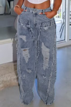 Jeans blu chiaro casual strappati strappati a vita alta in denim normale