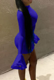 ブルーカジュアルソリッドパッチワークOネックラップスカートドレス