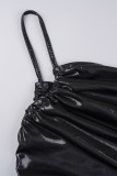 Robes de jupe enveloppées noires sexy solides dos nu pliables à bretelles spaghetti