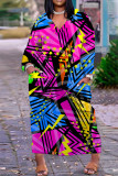 Mehrfarbige, lässige Patchwork-Kleider mit V-Ausschnitt und langen Ärmeln