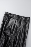 Pantalon décontracté noir uni fendu, slim, taille haute, couleur unie, conventionnel