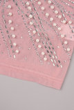 Celebrità rosa eleganti abiti con gonna avvolta in patchwork di perforazione calda con perline in rete