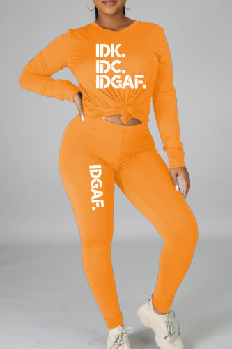 Orange Casual Print Patchwork O Neck Long Sleeve Two Pieces