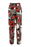 Pantalon imprimé camouflage décontracté rouge, patchwork ajouré, droit, taille moyenne, imprimé complet conventionnel