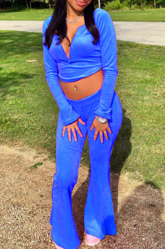 Blue Elegant Solid Patchwork V Neck Long Sleeve Two Pieces