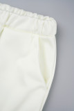 Creme branco casual estampado patchwork cordão bolso gola com capuz manga comprida duas peças