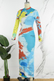 Ljusblå Casual Print Basic långärmade klänningar med turtleneck