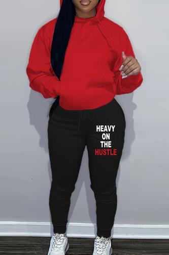 Red Black Sportwear Casual Letter Print Hooded Collar Long Sleeve Sweatshirt And Draw String Pants Two Pieces Sweatsuit Sets