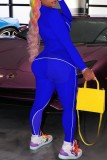 Синяя повседневная спортивная одежда С принтом, базовый круглый вырез, длинный рукав, два предмета