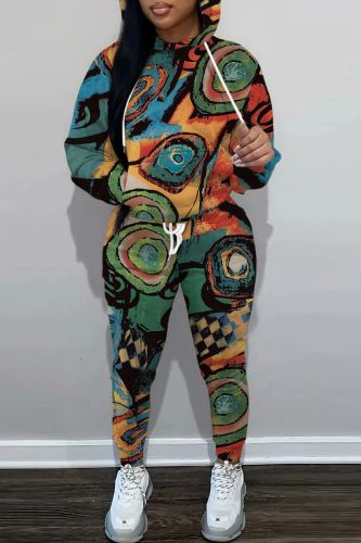 Green Sportwear Casual Graphics Print Hooded Collar Long Sleeve Sweatshirt And Draw String Pants Two Pieces Sweatsuit Sets