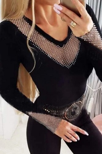 Black Casual Patchwork Hollowed Out See-through V Neck Tops