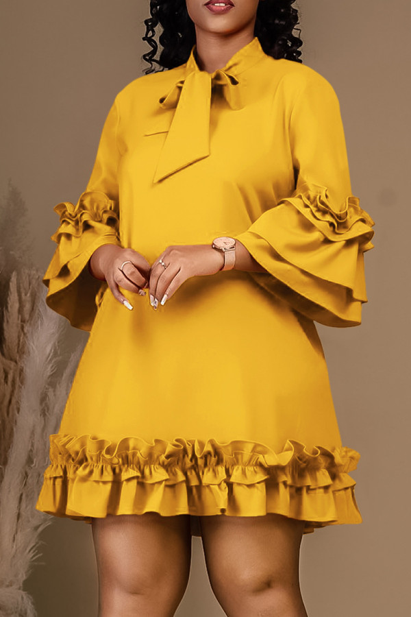 Gele elegante effen bandage patchwork vezelige zelfkant O-hals A-lijn jurken