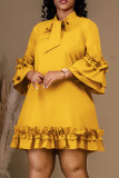Amarillo elegante sólido vendaje patchwork orillo fibroso cuello redondo una línea vestidos
