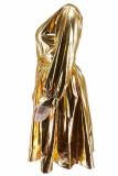 ゴールド カジュアル ソリッド バンデージ パッチワーク Vネック Aライン プラスサイズ ドレス