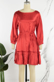 Robe trapèze rouge élégante à bandes solides, plissée en Patchwork, col rond