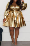 Золотые повседневные сплошные повязки в стиле пэчворк с V-образным вырезом A-Line Платья больших размеров