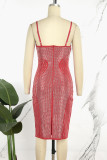 Röd Sexig Patchwork Hot Drilling Backless Split Spaghetti Strap Inslagna kjolklänningar