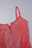 Vestidos de falda envueltos con tirantes finos y espalda descubierta con perforación caliente de retales sexy rojos