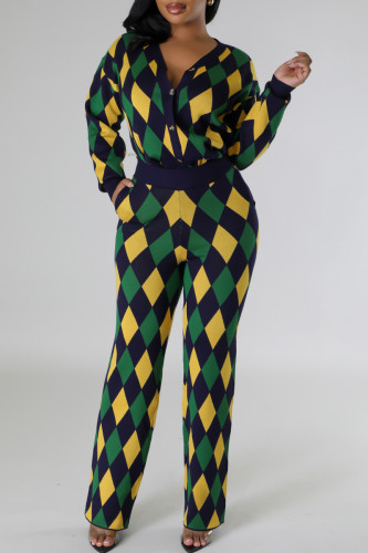 Green Yellow Sweet Print Patchwork Buckle V Neck Long Sleeve Two Pieces(without pocket)