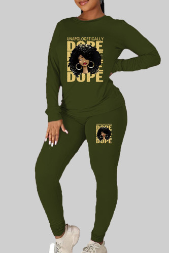 Army Green Casual Print Patchwork O Neck Long Sleeve Two Pieces