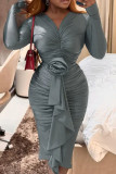 Темно-серые сексуальные однотонные лоскутные платья-юбка-карандаш со складками и V-образным вырезом
