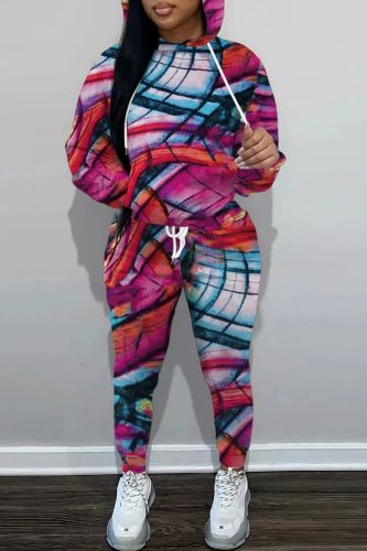 Rose Red Sportwear Casual Graphics Print Hooded Collar Long Sleeve Sweatshirt And Draw String Pants Two Pieces Sweatsuit Sets