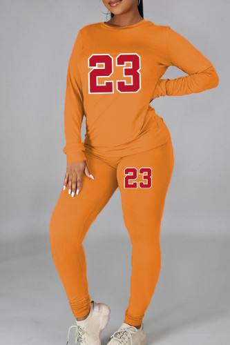Orange Casual Print Patchwork O Neck Long Sleeve Two Pieces